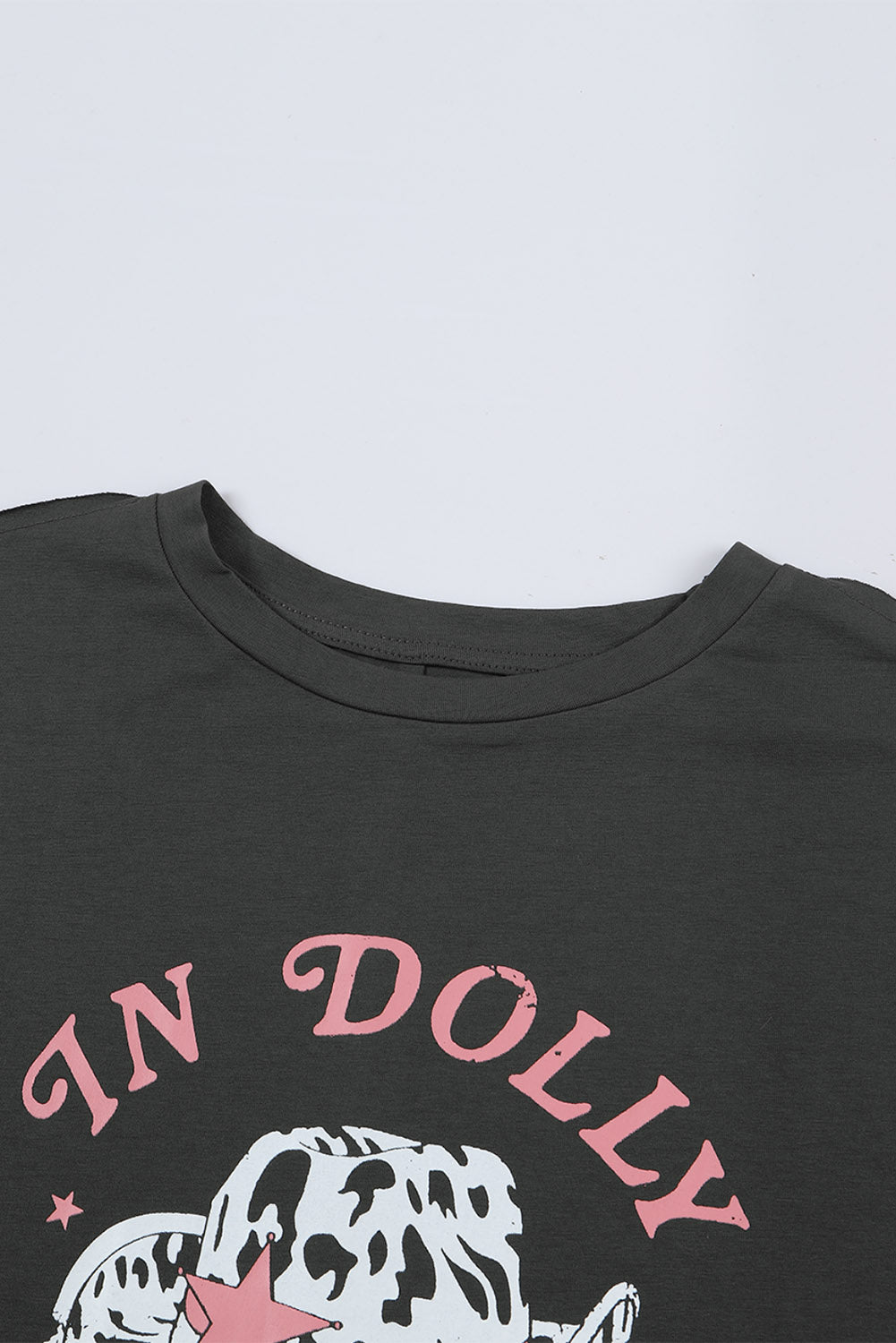 Gray WE TRUST IN DOLLY Western Fashion Graphic Tee - The Red Leopard Boutique 