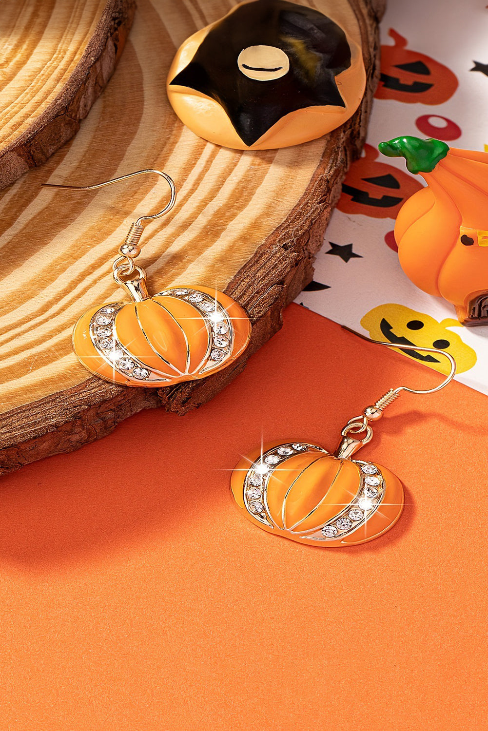 Orange Rhinestone Pumpkin Hook Earrings