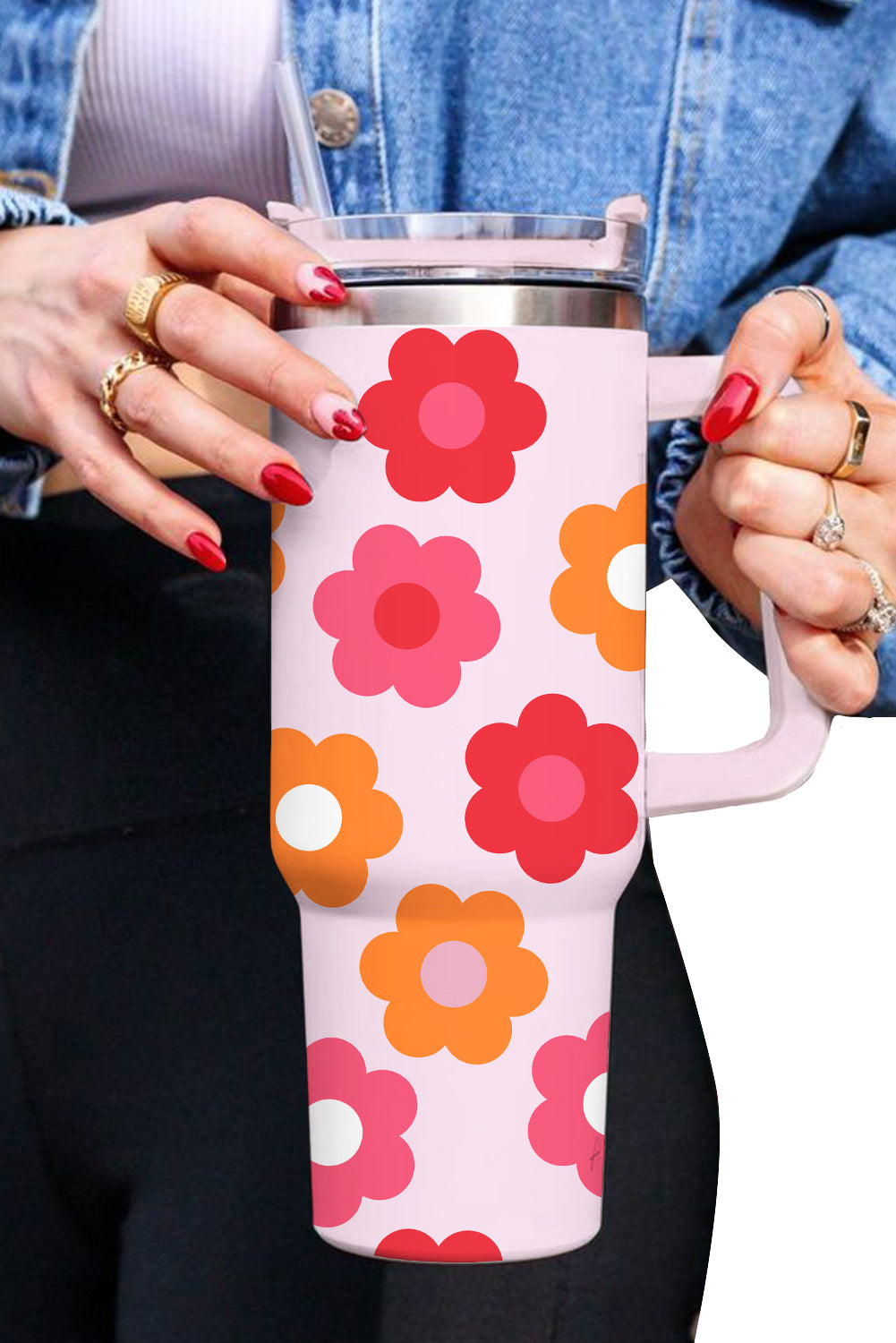 Multicolor Flower Print Handled Stainless Steel Vacuum Cup - The Red Leopard Boutique 