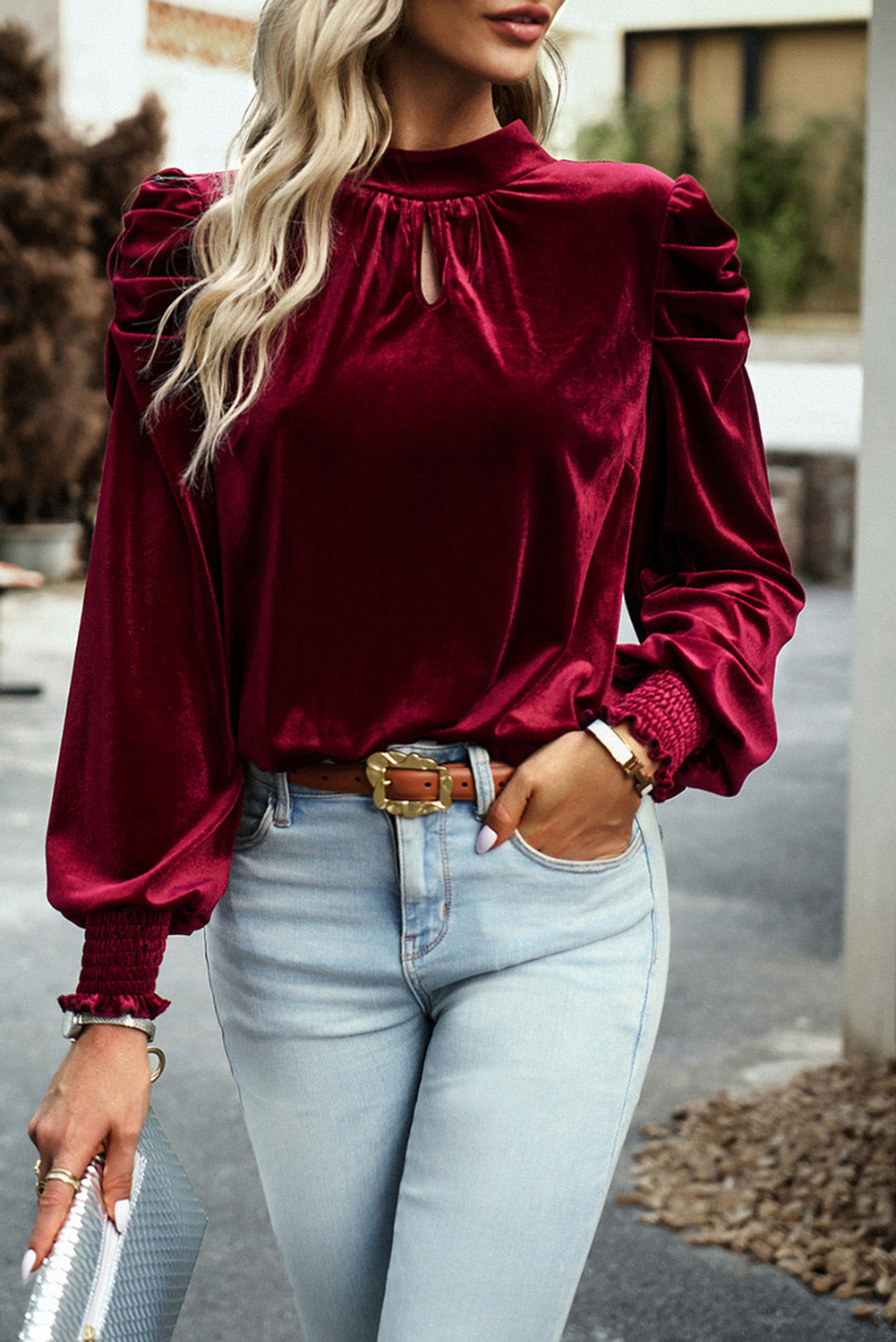 Fiery Red Mock Neck Puff Sleeve Velvet Blouse - The Red Leopard Boutique 