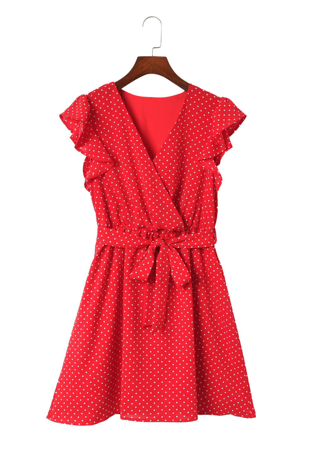 Fiery Red Polka Dot V Neck Ruffle Sleeve Dress - The Red Leopard Boutique 