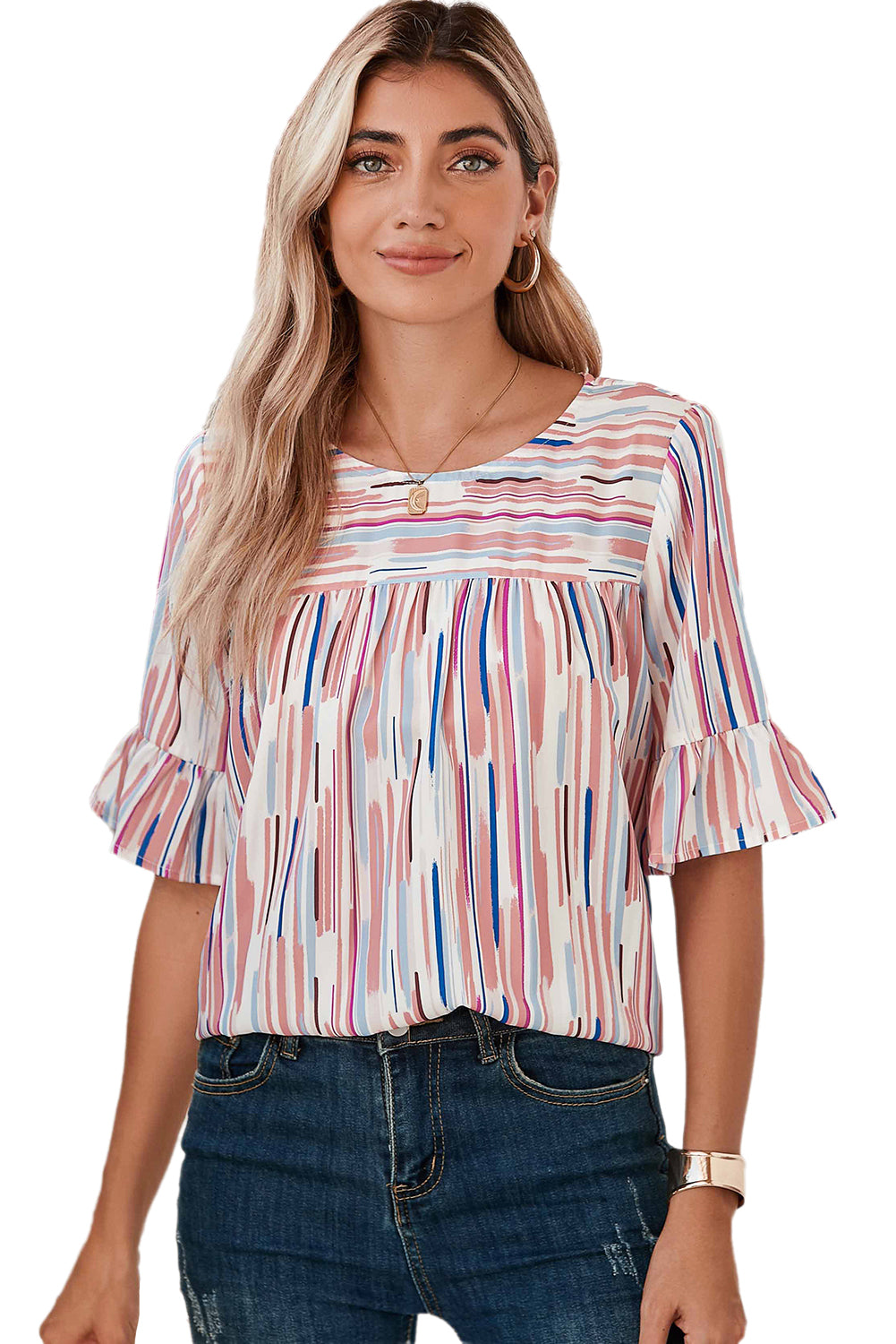 White Colorblock Striped Ruffle Half Sleeve Blouse