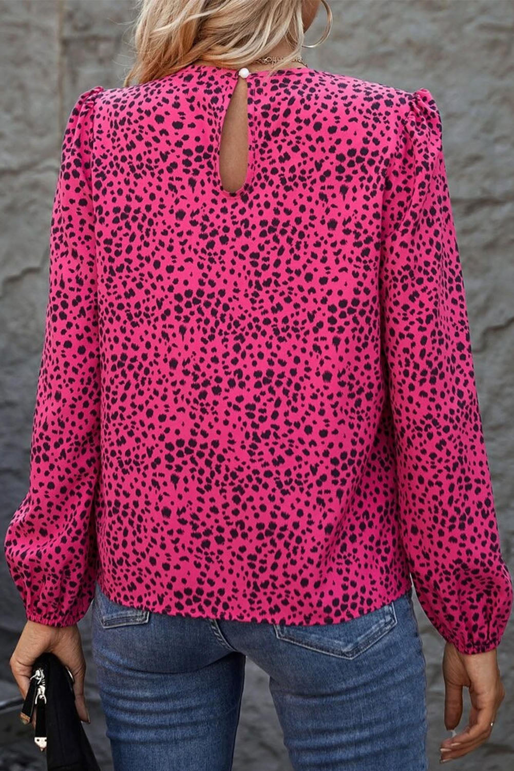 Rose Leopard Print Pleated Blouse with Keyhole - The Red Leopard Boutique 