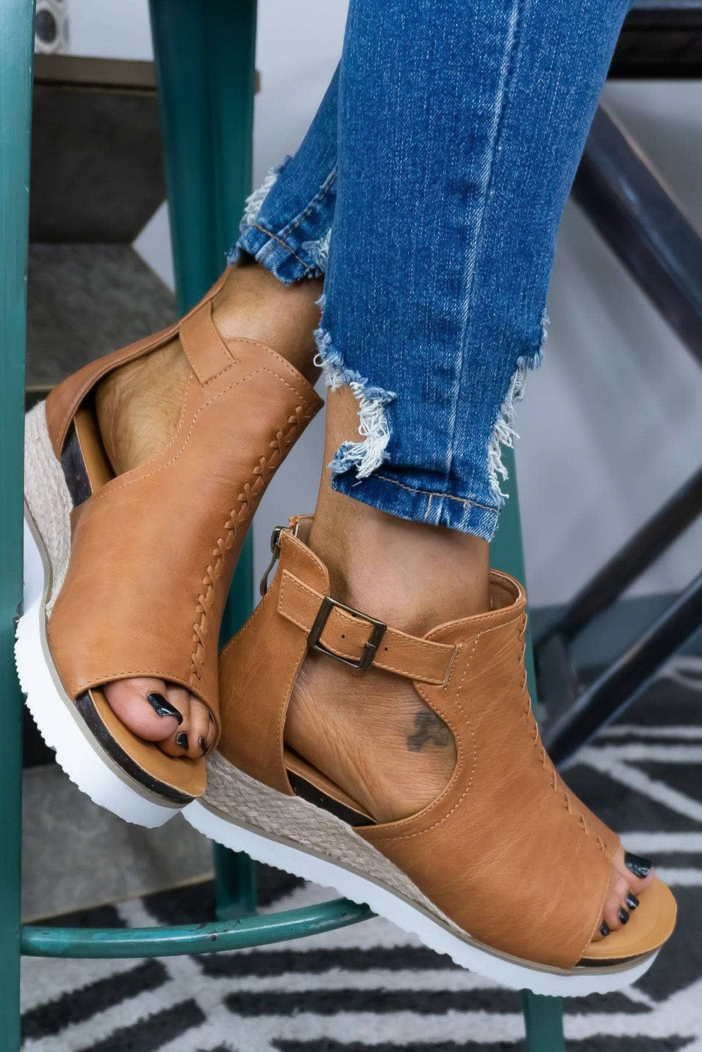 Brown PU Cutout Buckle Strap Platform Sandals