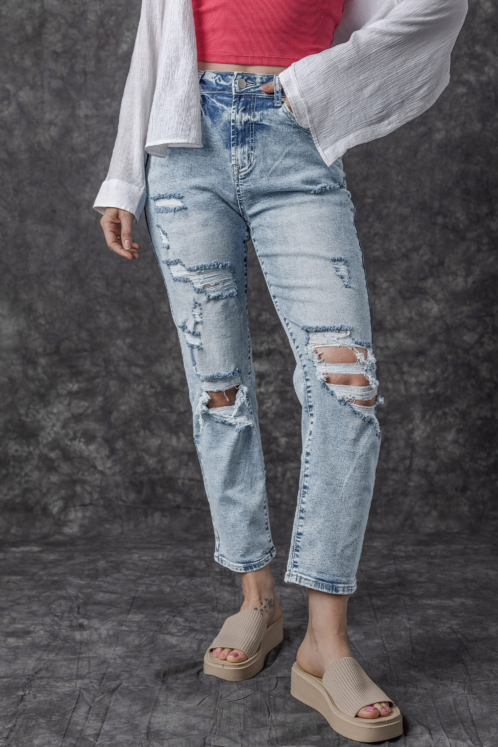 Sky Blue Light Wash Frayed Slim Fit High Waist Jeans - The Red Leopard Boutique 