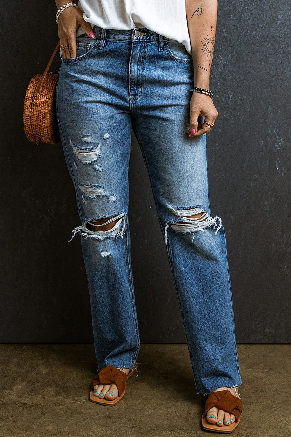 Light Blue Acid Wash Distressed Straight Leg Jeans