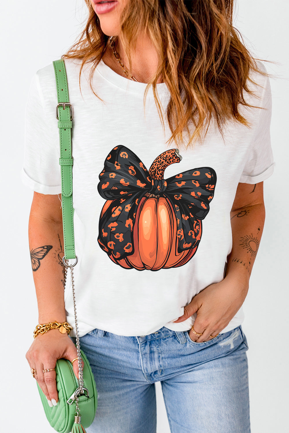 White Bowknot Pumpkin Graphic Crewneck T Shirt