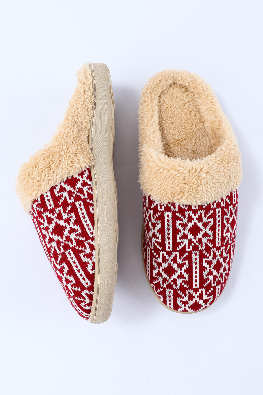 Red Suede Geometric Print Contrast Fuzzy Winter Slippers