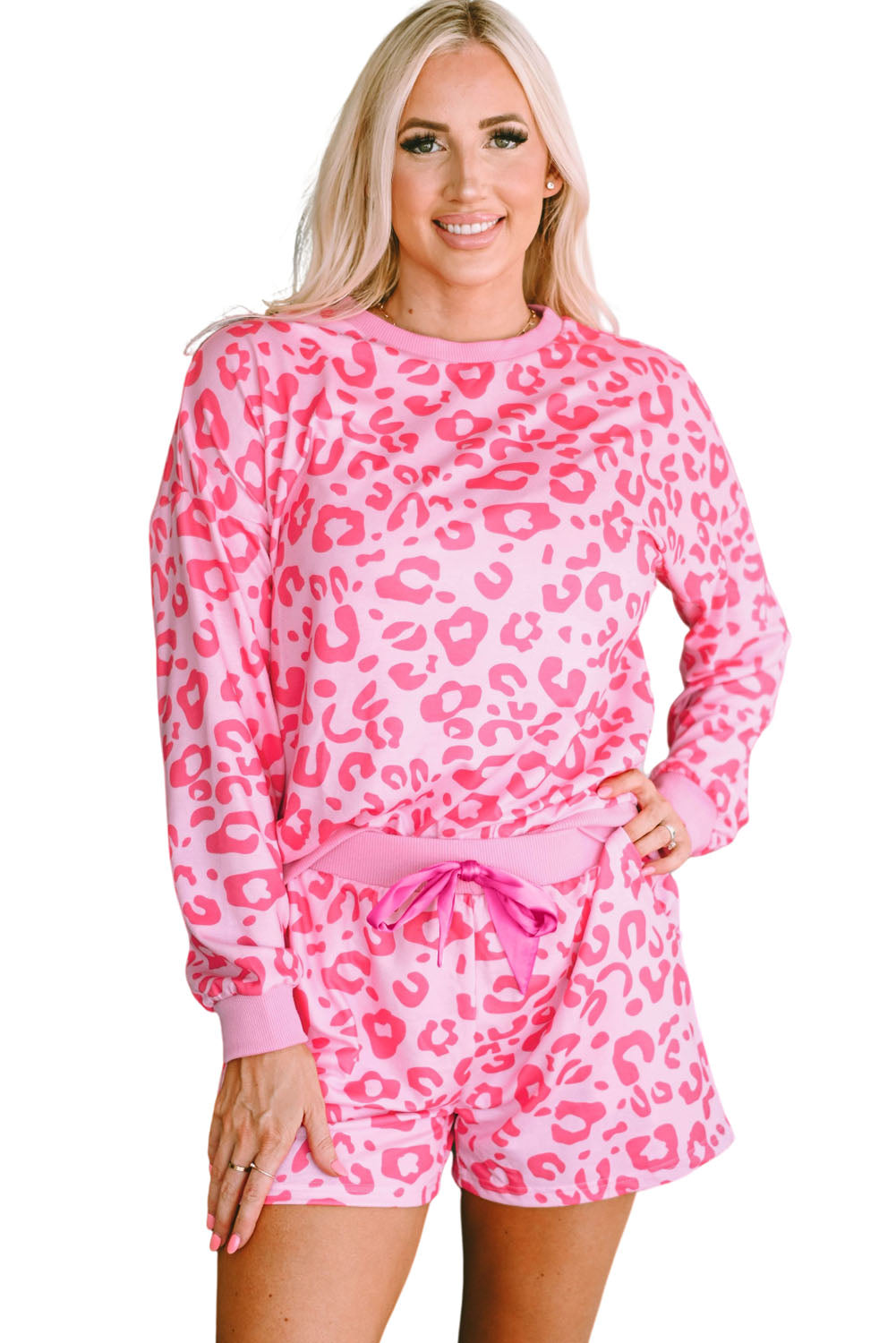 Pink Leopard Long Sleeve Satin Tie Shorts Two Piece Set - The Red Leopard Boutique 