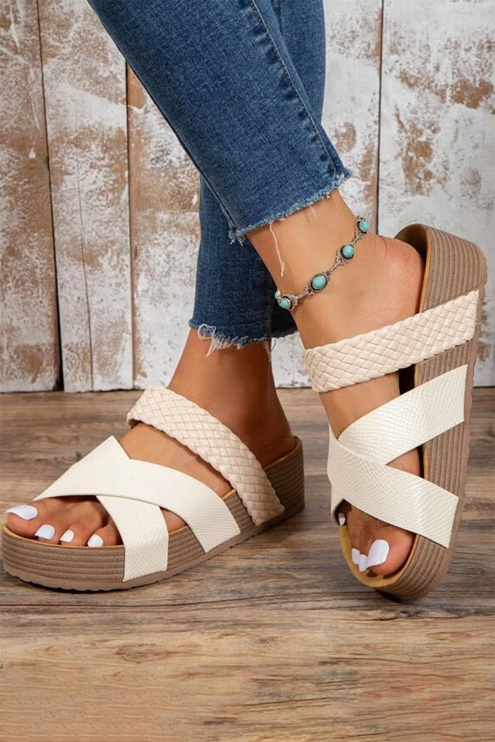 Beige Braided Detail Criss Cross Platform Sandals