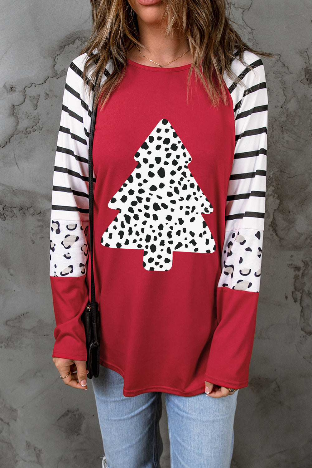 Red Leopard Christmas Tree Striped Graphic Top