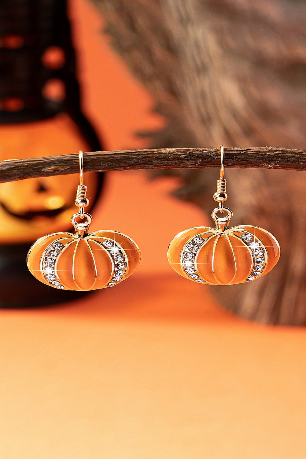 Orange Rhinestone Pumpkin Hook Earrings