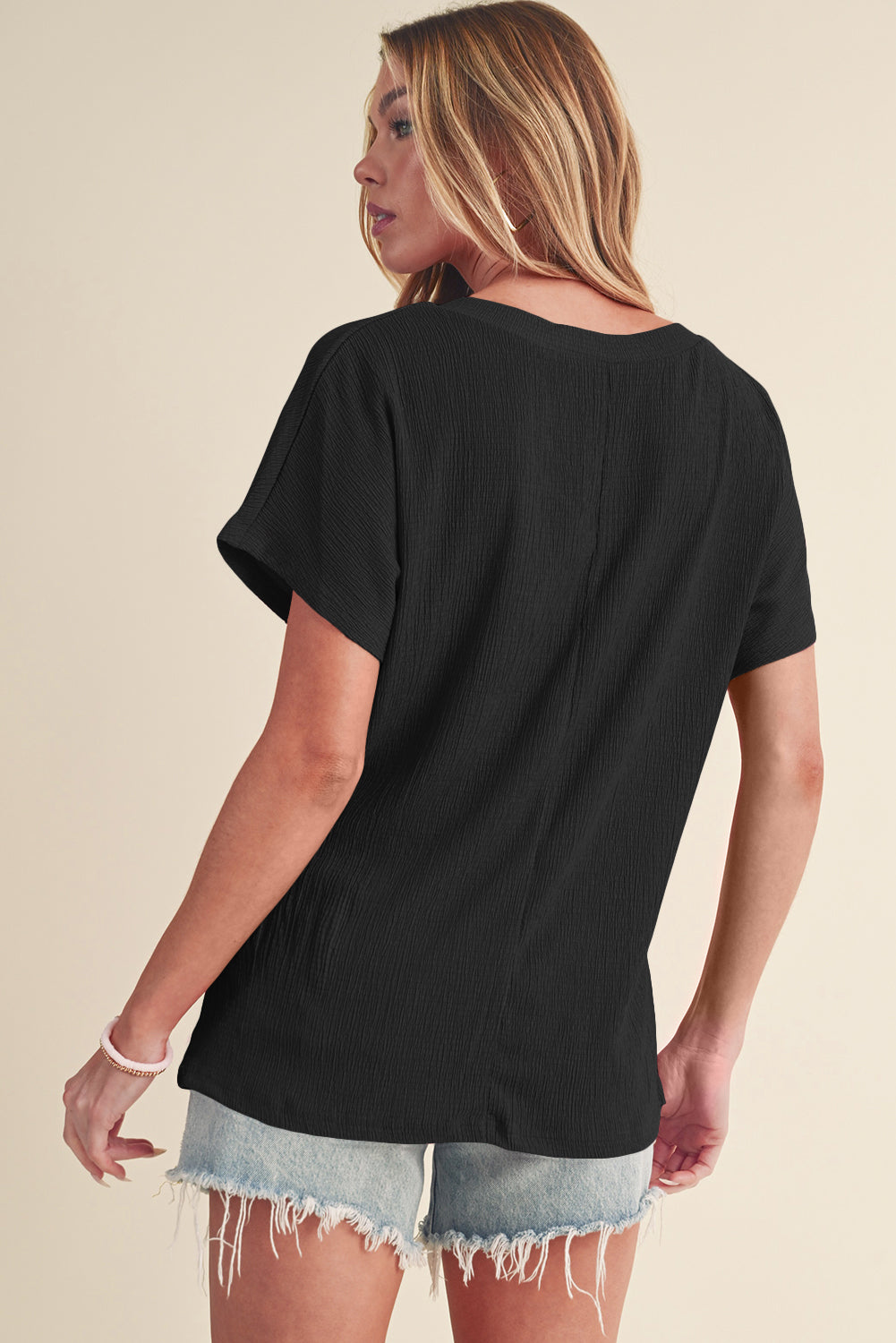 Black Plain Crinkled V Neck Short Sleeve Blouse