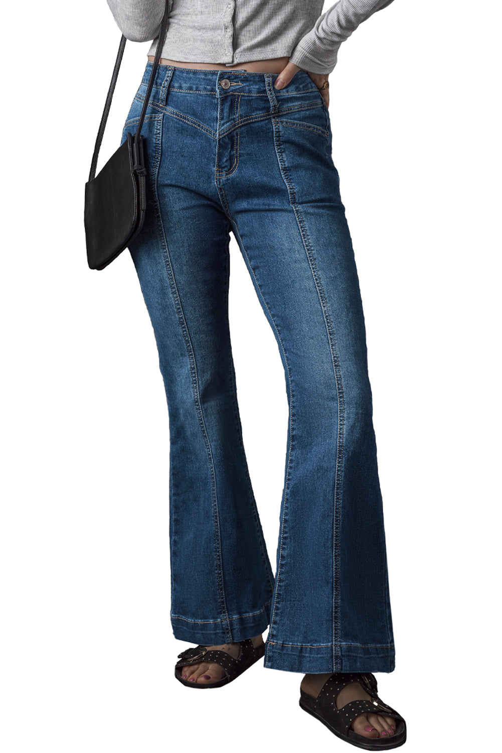 Blue High Waist Seam Stitching Pocket Flare Jeans - The Red Leopard Boutique 