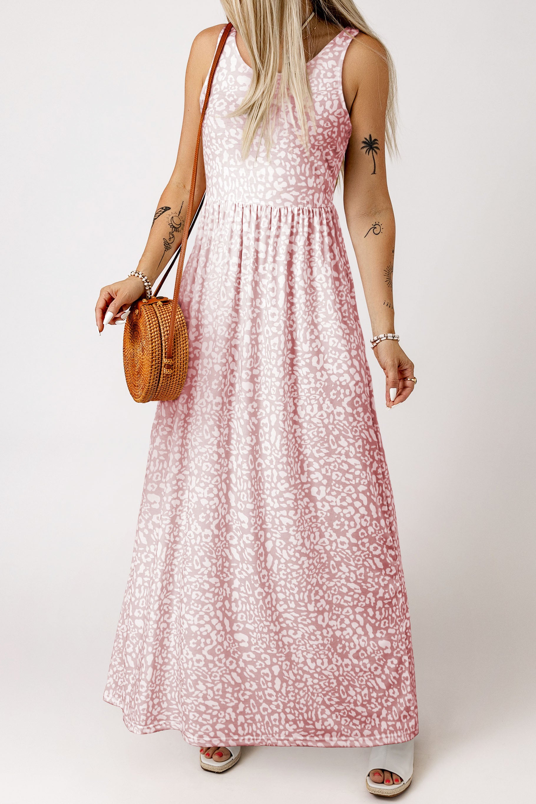 Pink Leopard Print Pocketed Sleeveless Maxi Dress - The Red Leopard Boutique 