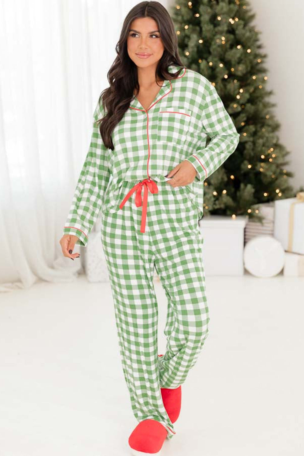 Fiery Red Plaid Print Shirt and Drawstring Pants Pajama Set