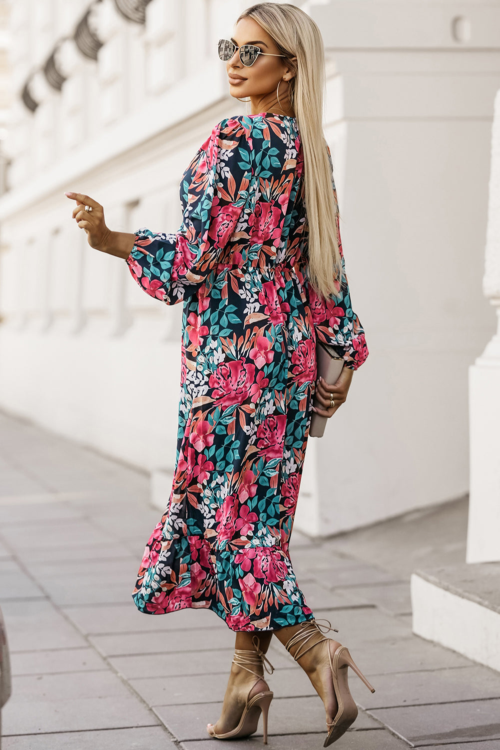 Fiery Red V Neck Elastic High Waist Split Floral Dress - The Red Leopard Boutique 