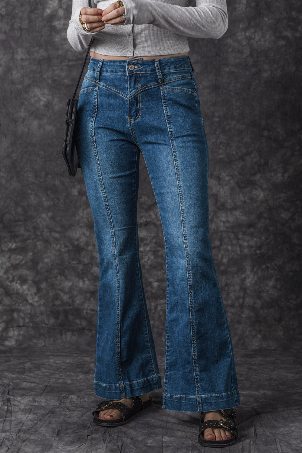 Blue High Waist Seam Stitching Pocket Flare Jeans - The Red Leopard Boutique 