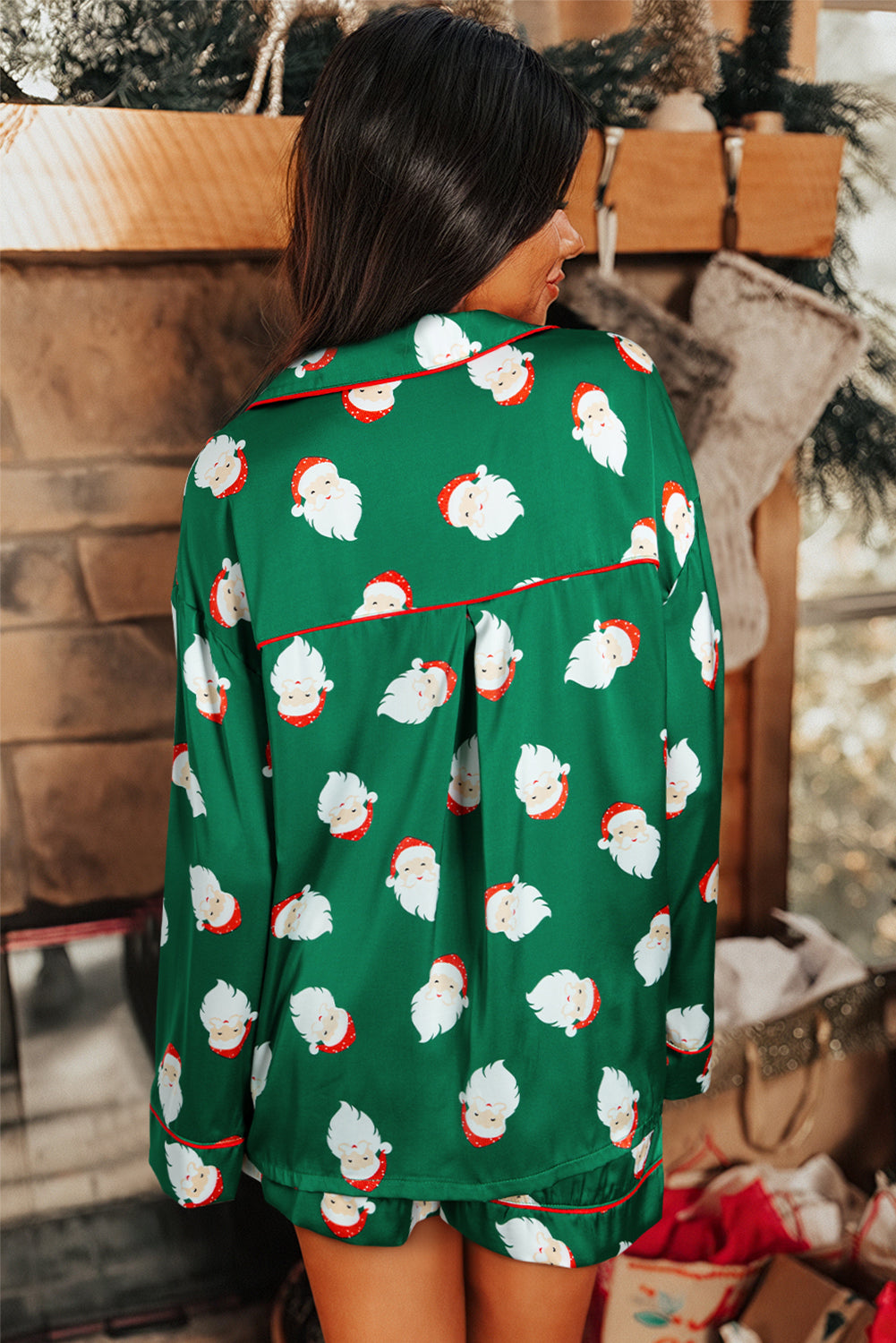 Green Christmas Santa Claus Print Satin Shirt and Shorts Set