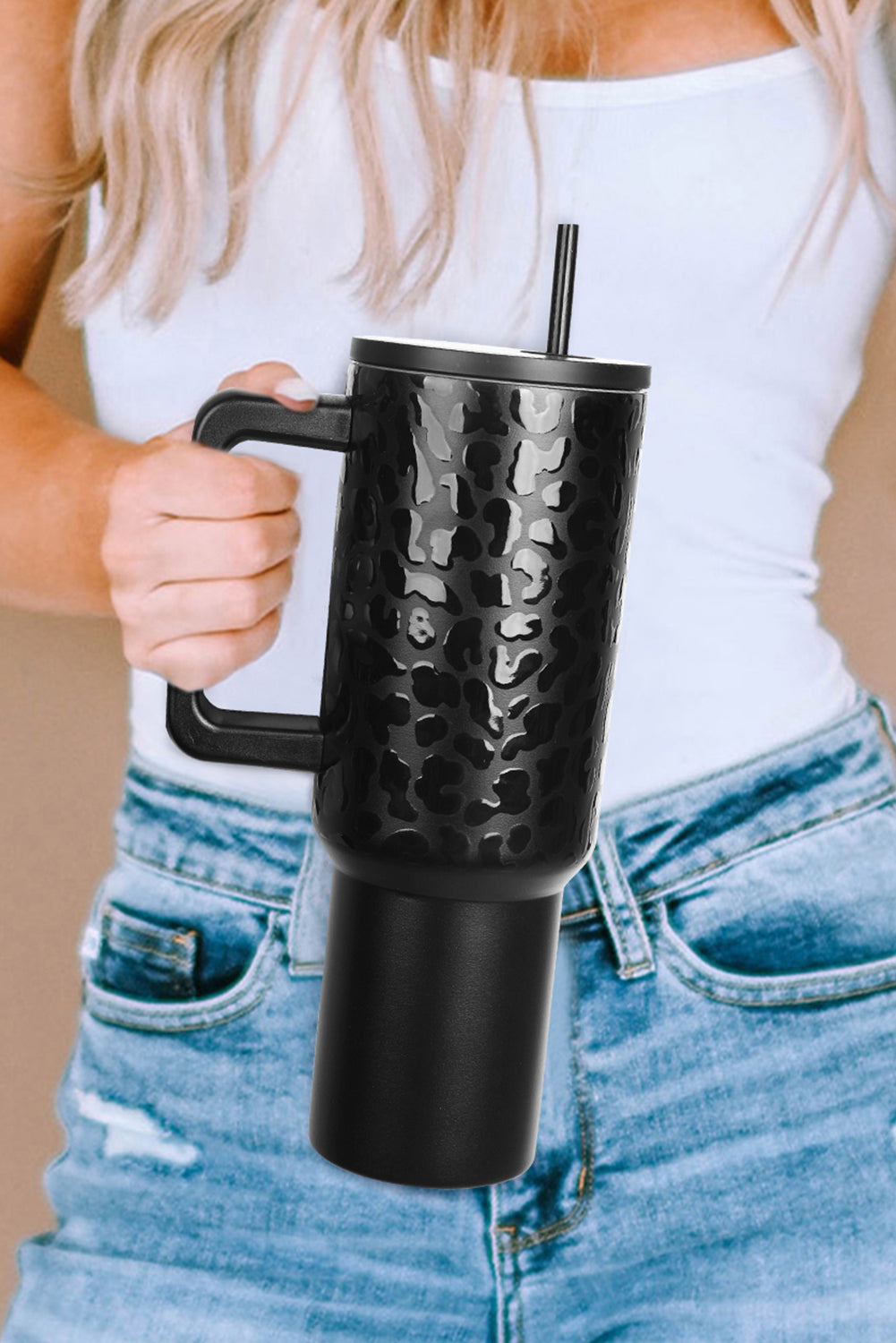 Black Polished Leopard Emboss Straw Thermal Tumbler 40oz