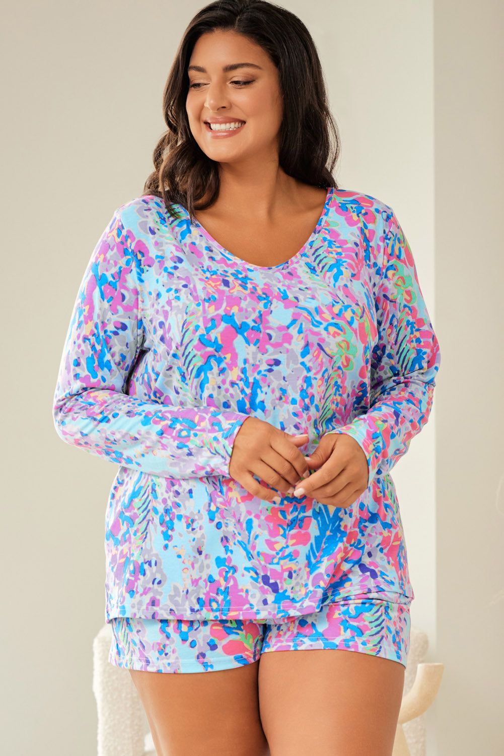 Sky Blue Plus Size Floral Print Long Sleeve and Shorts Lounge Outfit - The Red Leopard Boutique 