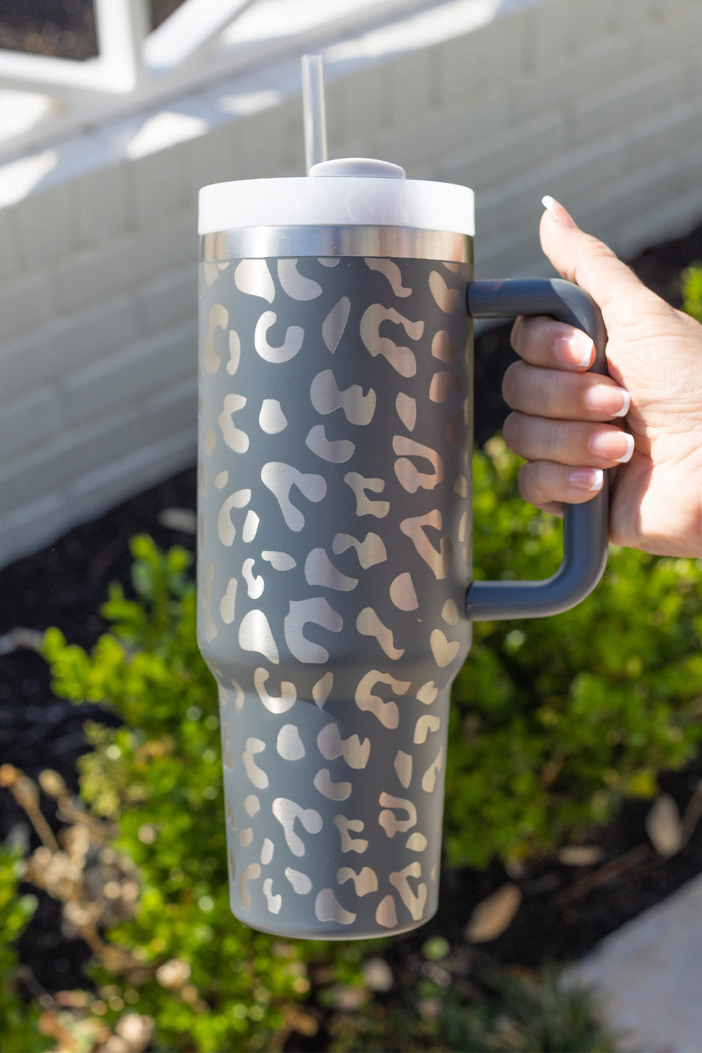 Gray Leopard Print 40OZ Stainless Steel Portable Cup with Handle - The Red Leopard Boutique 