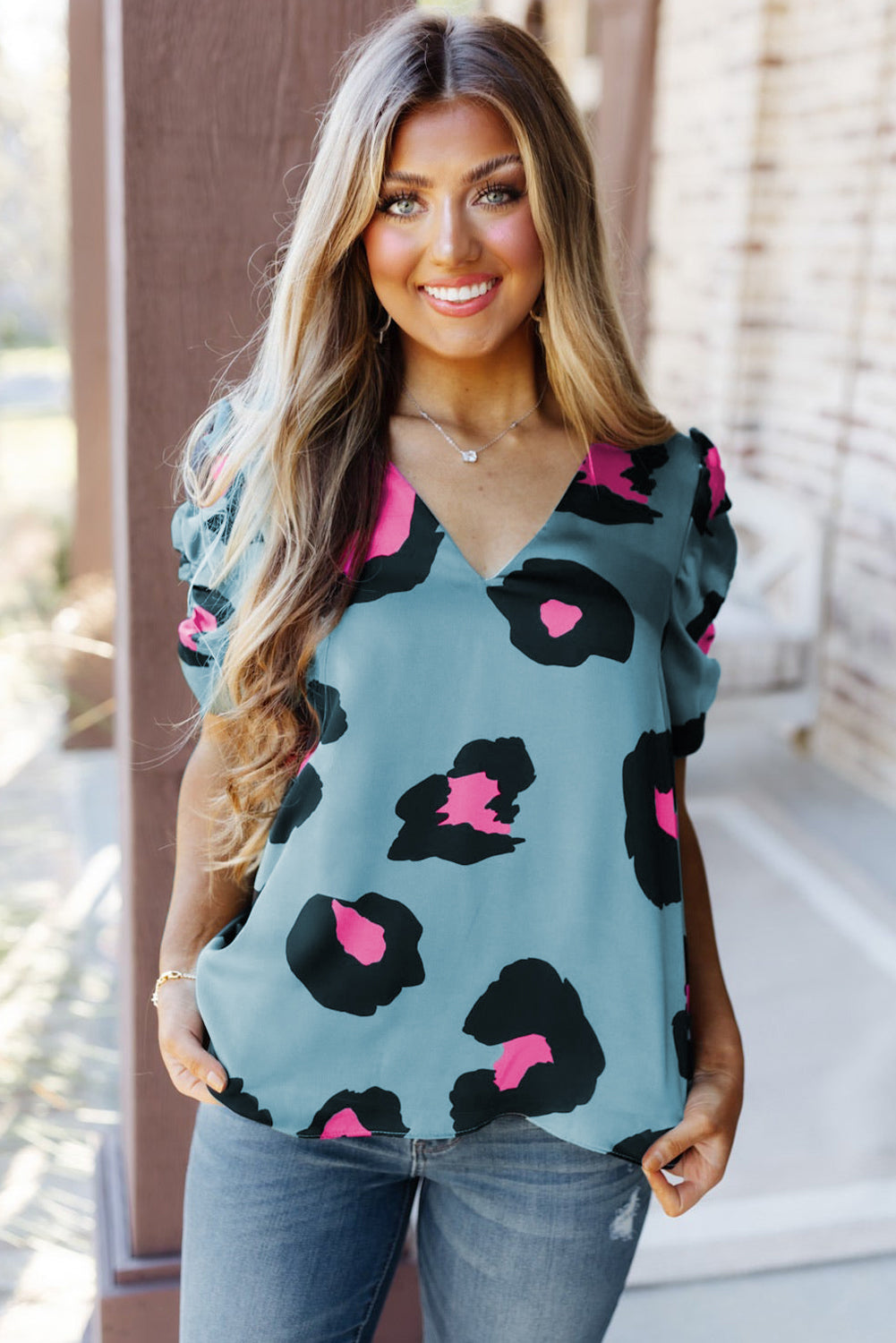 Blue V Neck Ruched Short Sleeve Leopard Print Short Sleeve Blouse