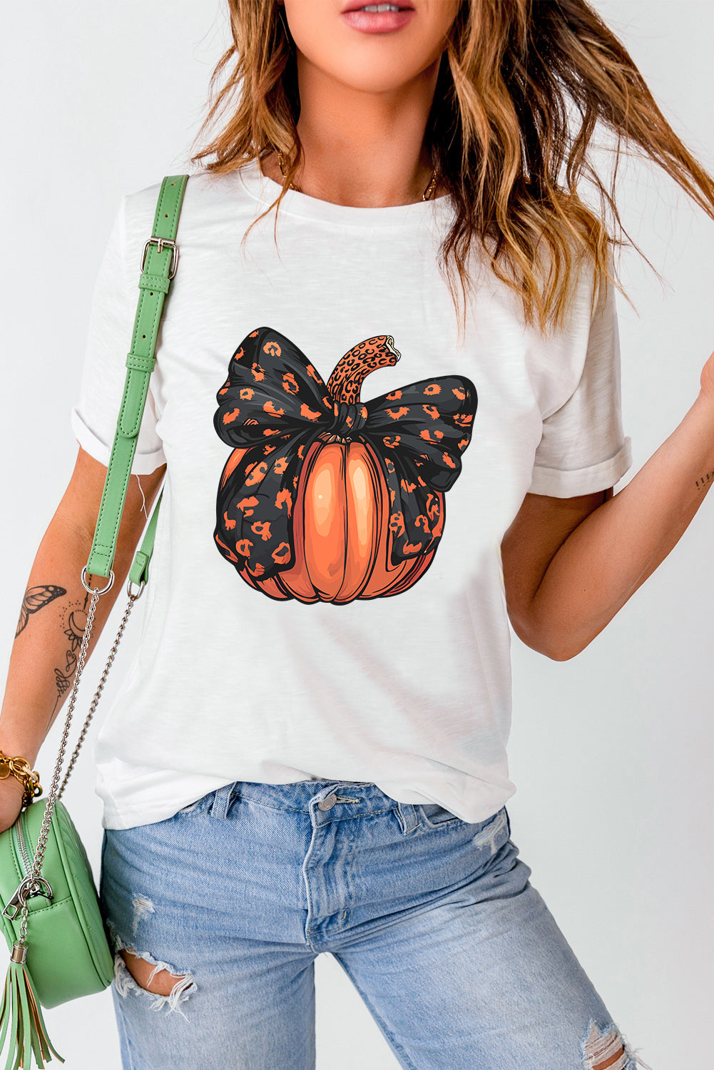 White Bowknot Pumpkin Graphic Crewneck T Shirt