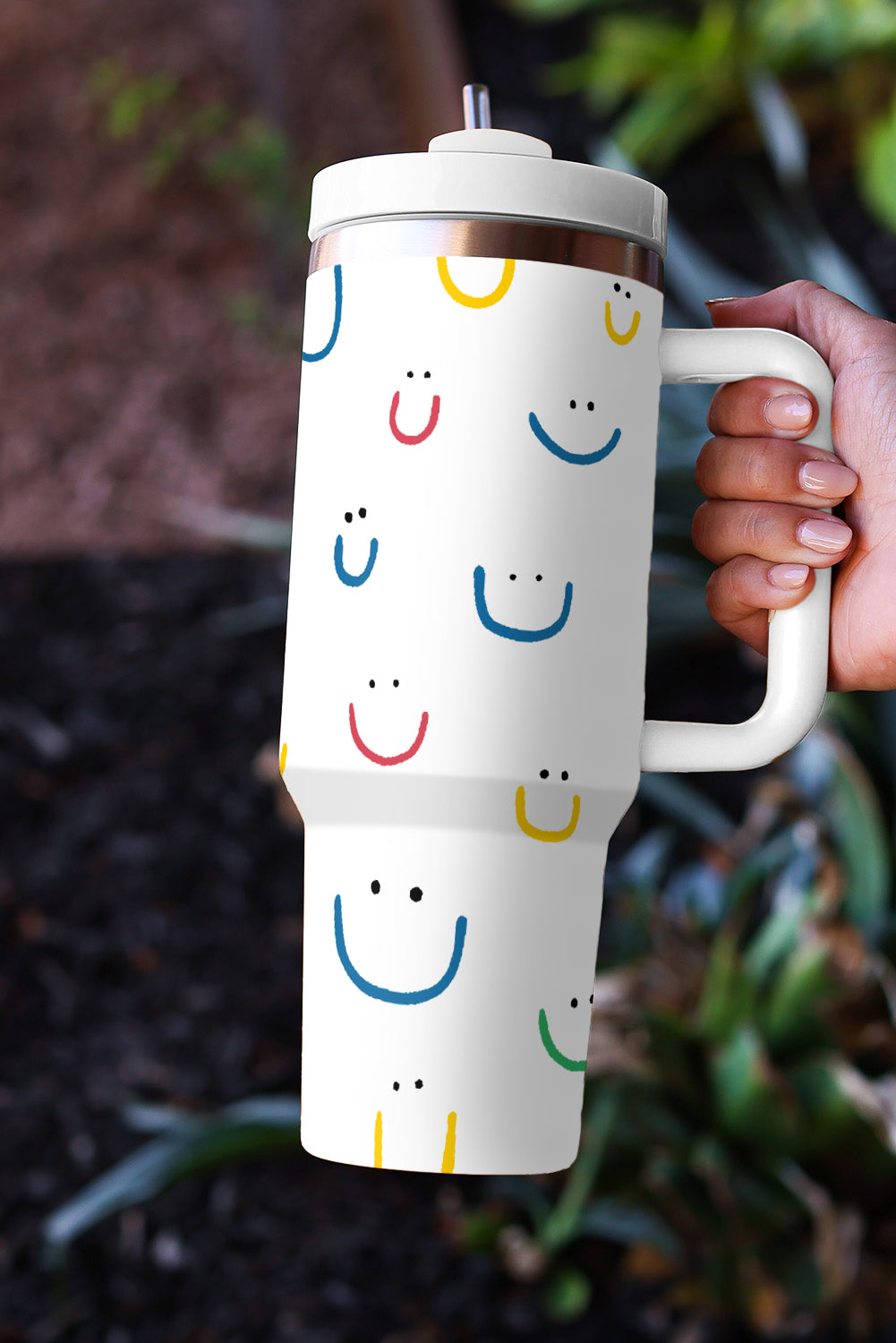 White Smiling Face Print Handle Vacuum Cup 1200ml