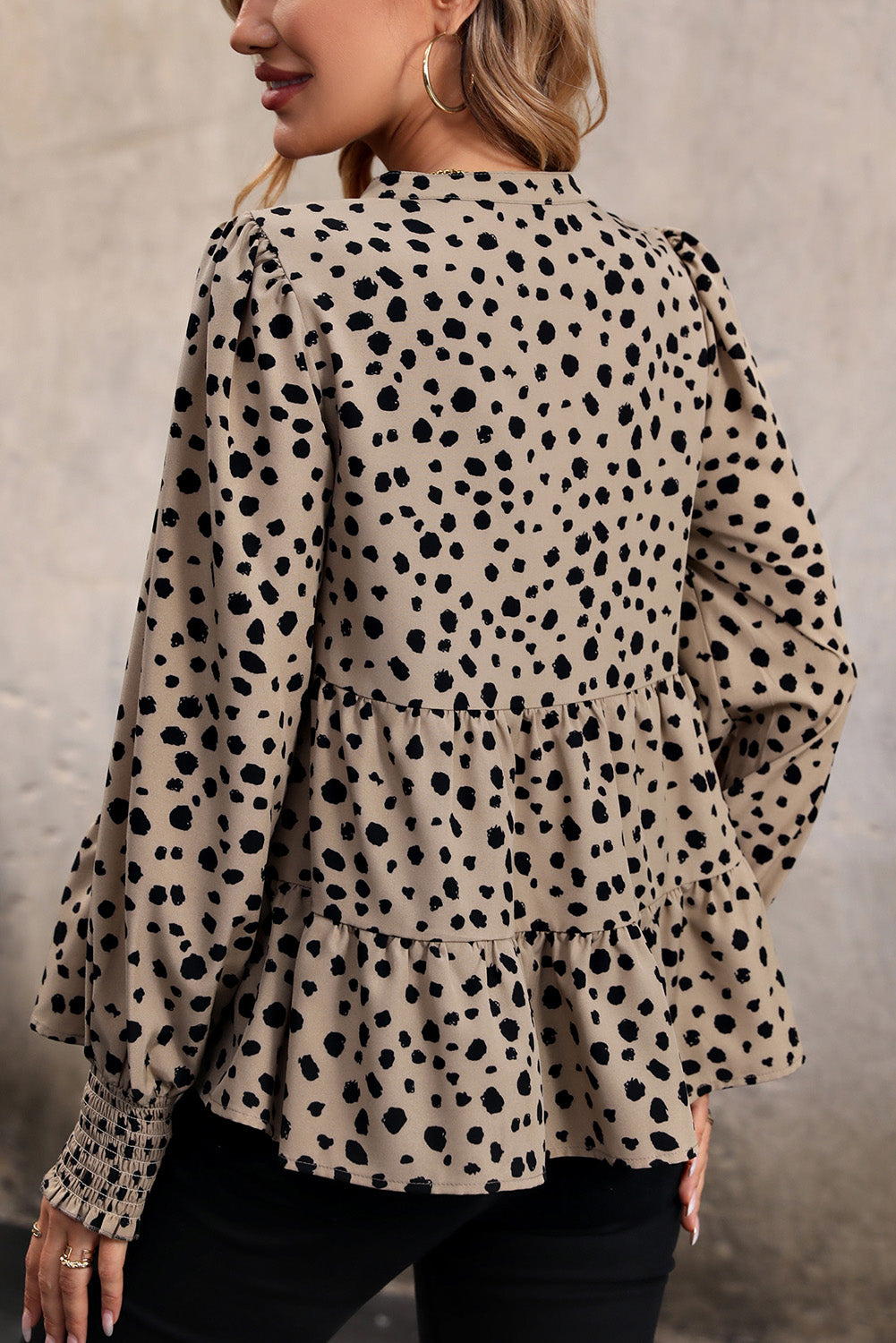 Taupe Casual Leopard Print V Neck Bodydoll Blouse