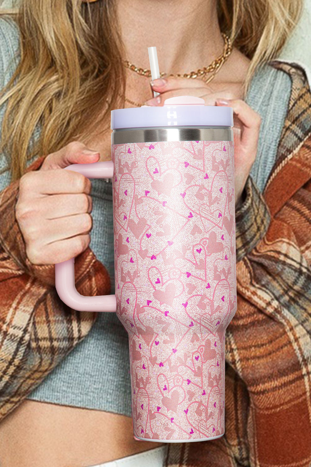 Apricot Pink Valentine Heart Print Stainless Steel Vacuum Cup