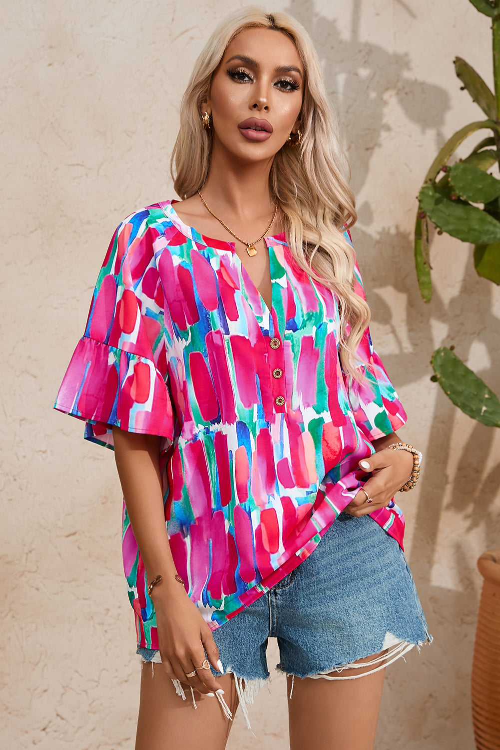 Rose Abstract Brushwork Print Buttoned V Neck Blouse