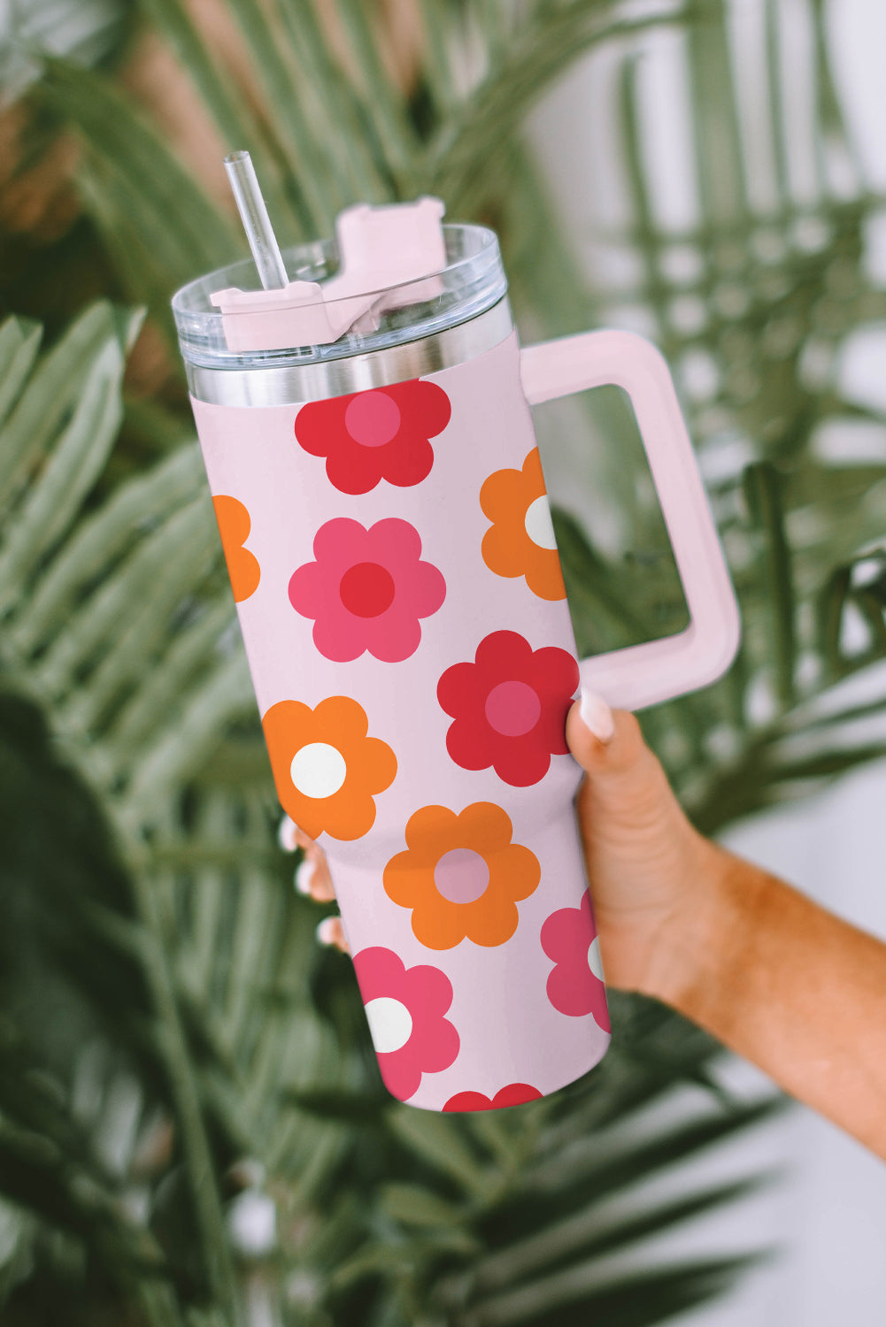 Multicolor Flower Print Handled Stainless Steel Vacuum Cup - The Red Leopard Boutique 