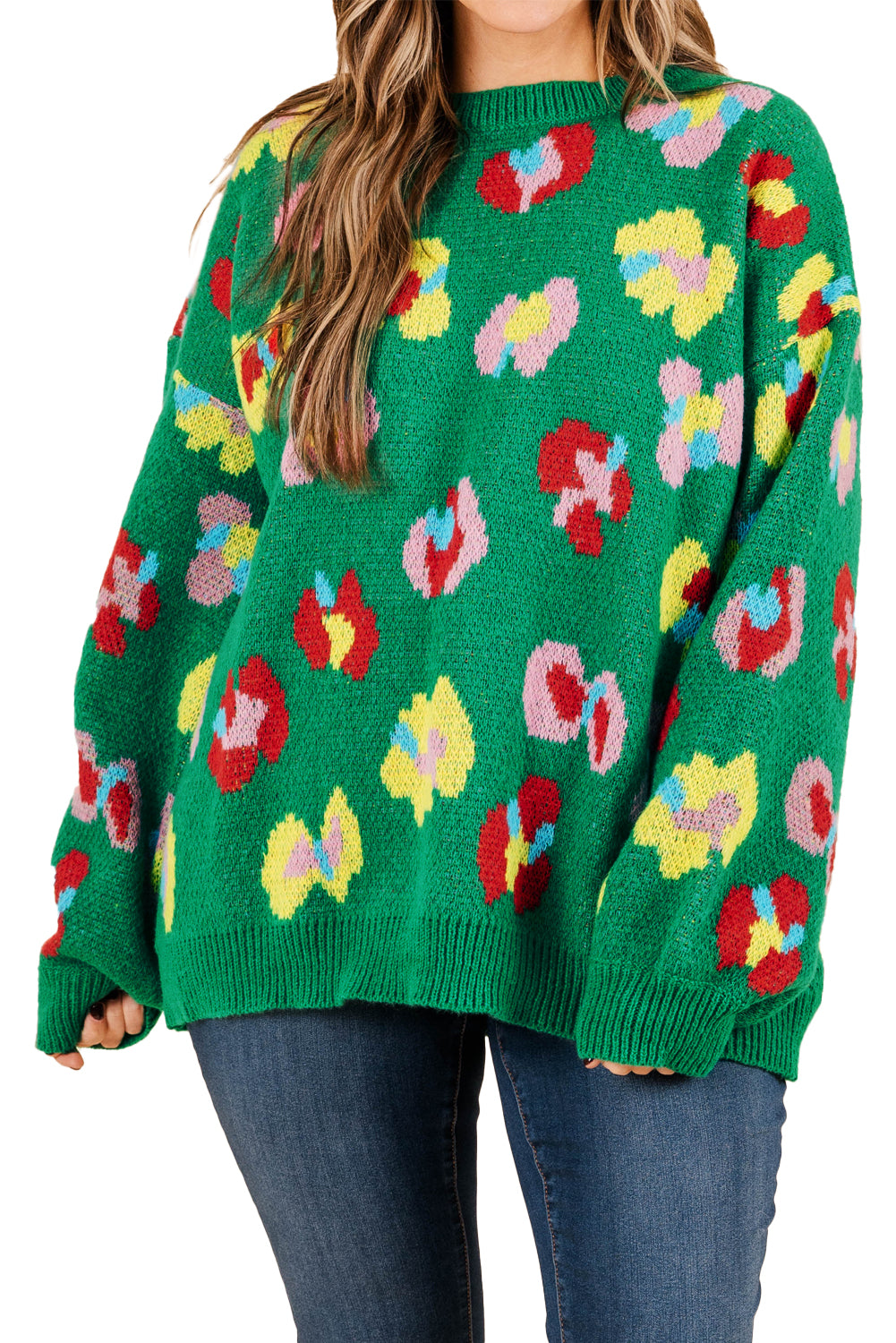 Green Plus Size Floral Knitted Drop Shoulder Sweater