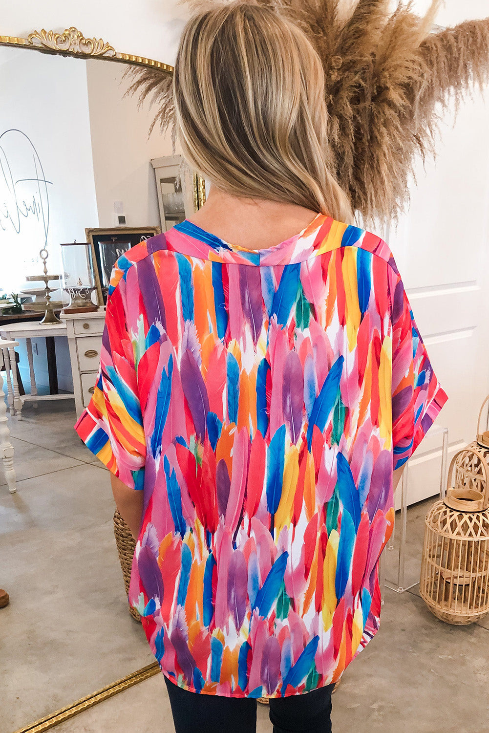 Multicolor Watercolor Abstract Print V Neck Blouse