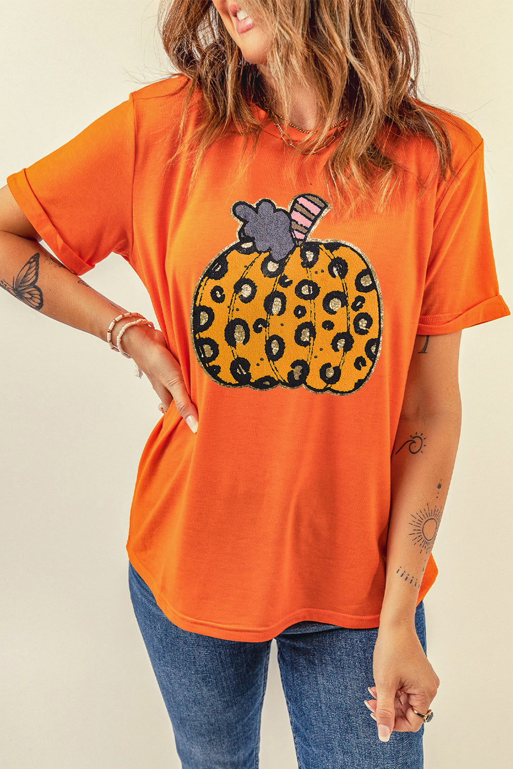 Orange  Leopard Pumpkin Crew Neck Graphic Tee