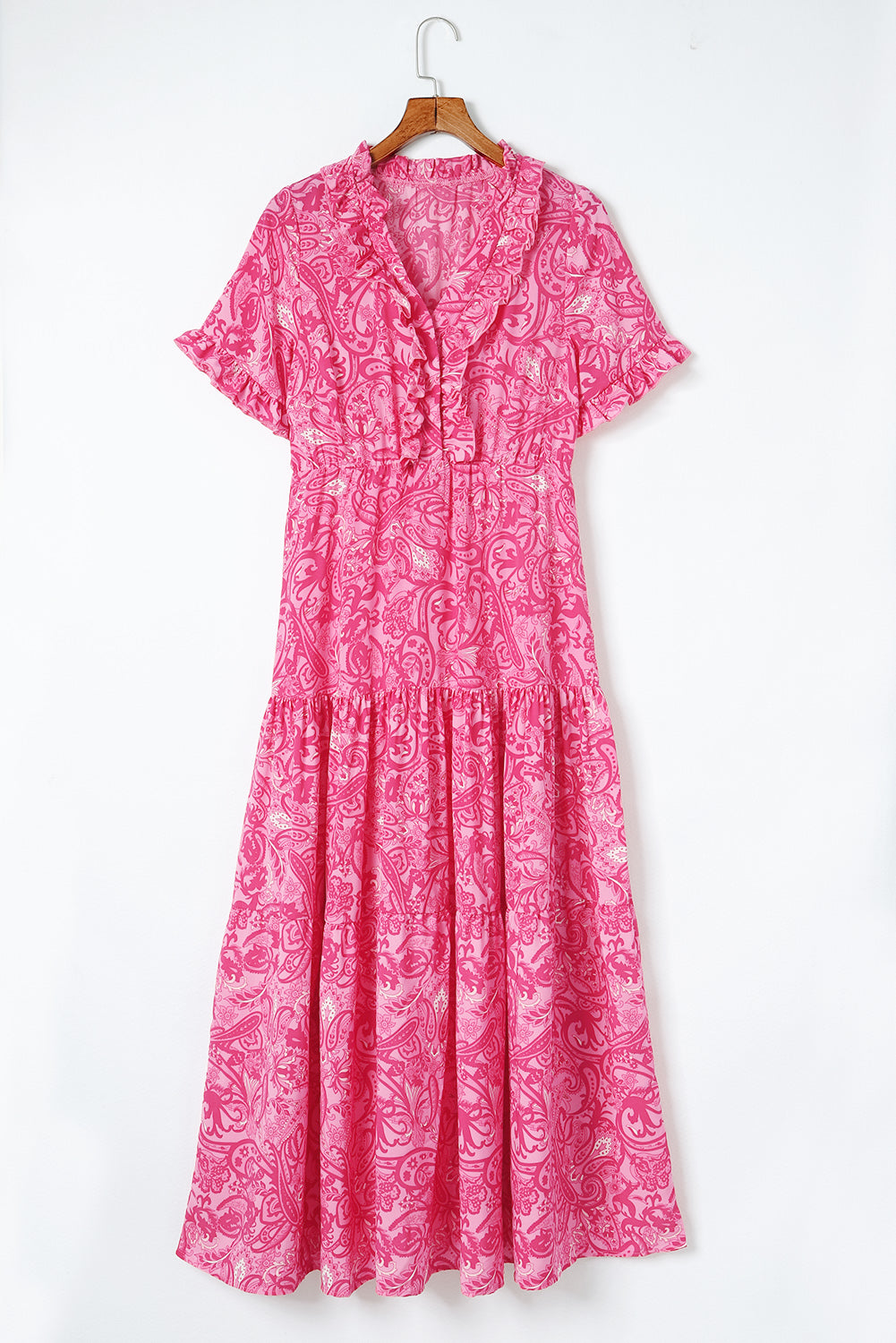 Pink Paisley Print Boho Holiday Ruffle Tiered Maxi Dress - The Red Leopard Boutique 