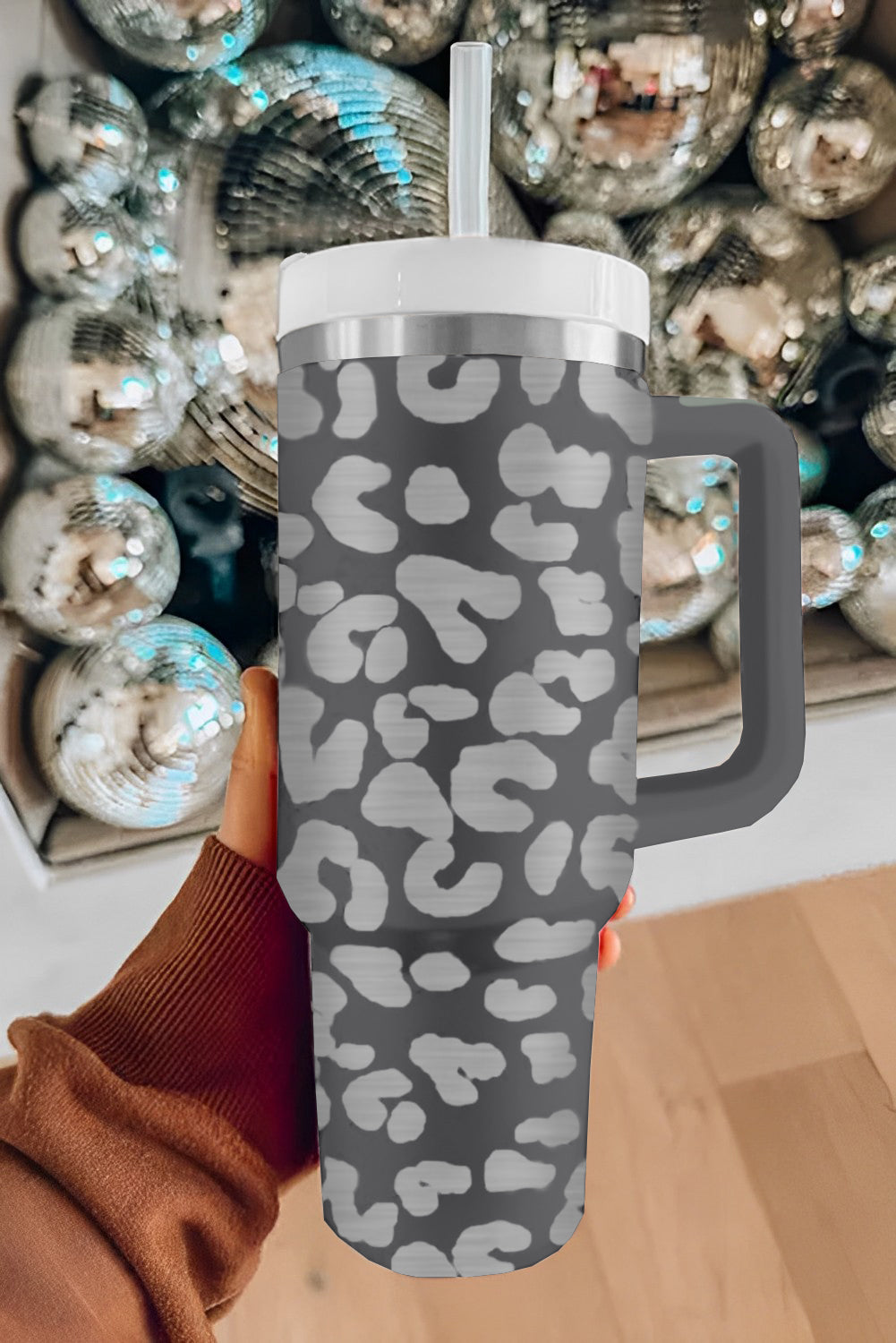 Gray Leopard Print 40OZ Stainless Steel Portable Cup with Handle - The Red Leopard Boutique 