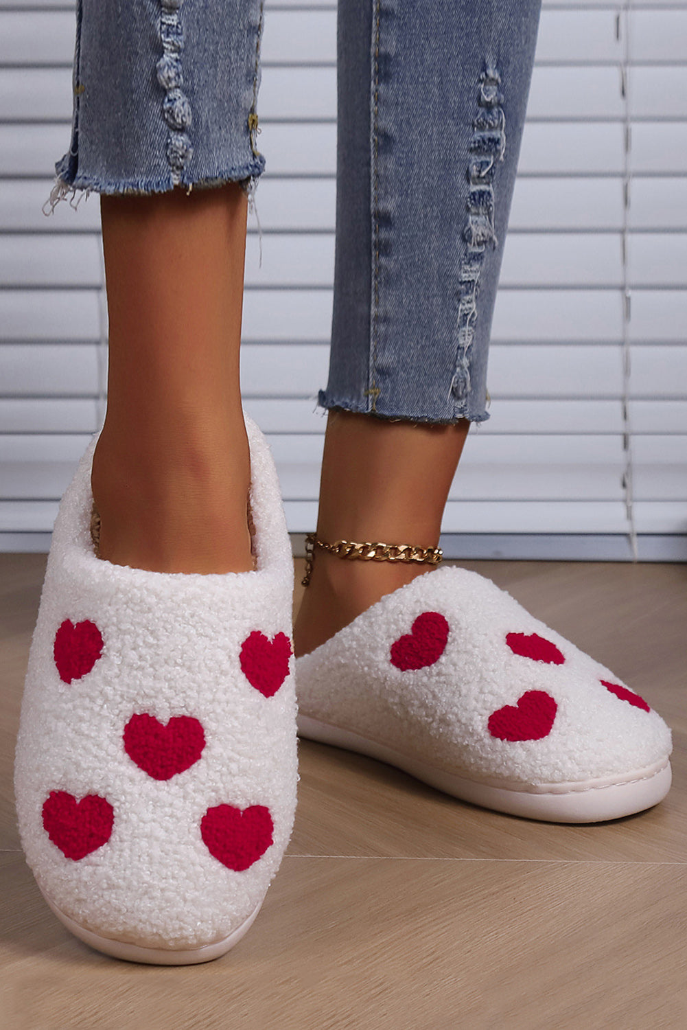 White Valentines Day Hearts Print Plush House Slippers - The Red Leopard Boutique 