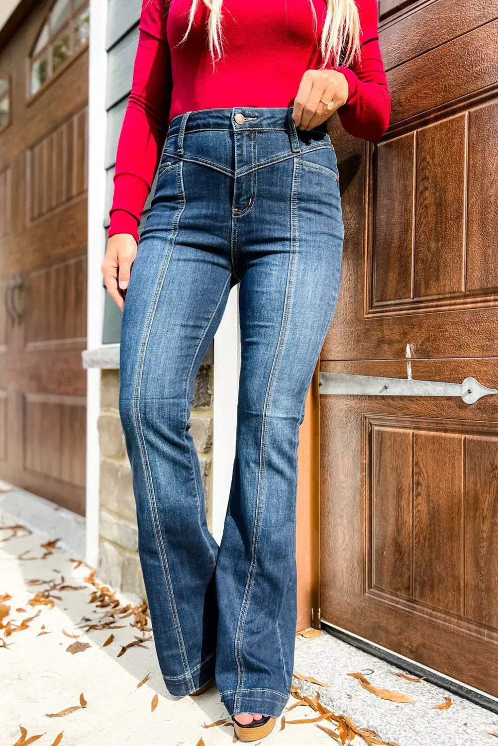 Blue High Waist Seam Stitching Pocket Flare Jeans - The Red Leopard Boutique 