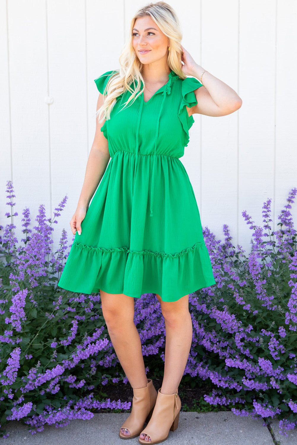 Bright Green Split V Neck Elastic Waist Ruffled Dress - The Red Leopard Boutique 