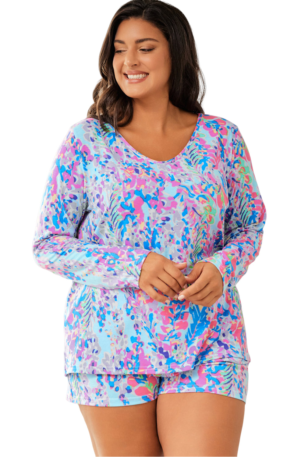 Sky Blue Plus Size Floral Print Long Sleeve and Shorts Lounge Outfit - The Red Leopard Boutique 