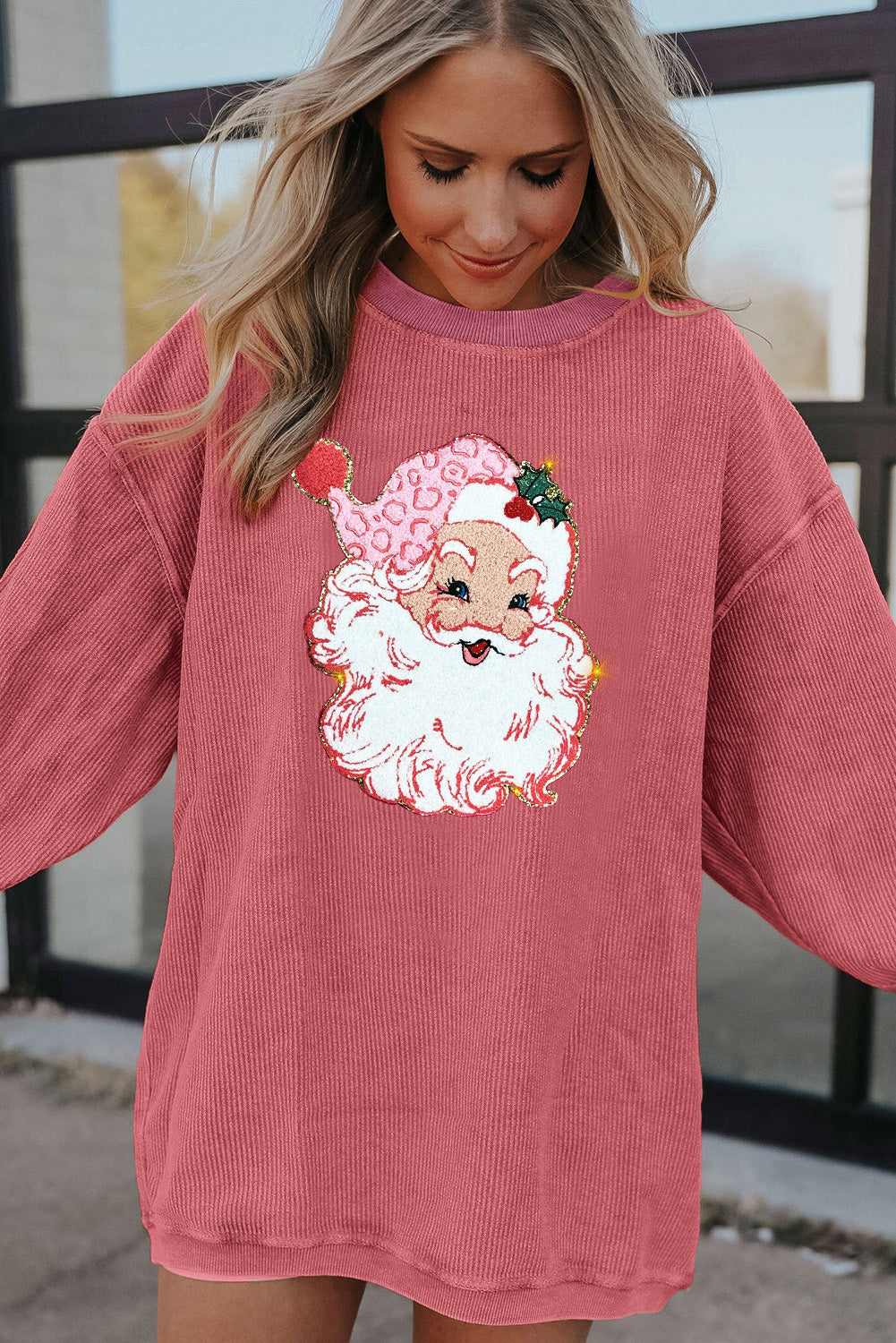 Strawberry Pink Santa Claus Sparkle Corded Graphic Sweatshirt