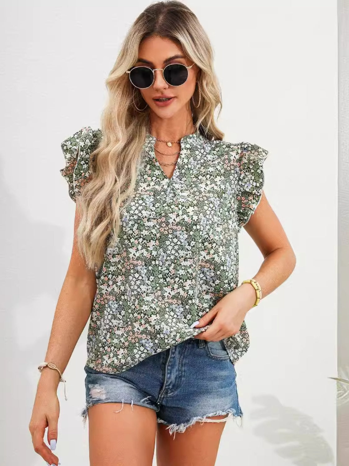 Ruffled Floral Notched Cap Sleeve Blouse