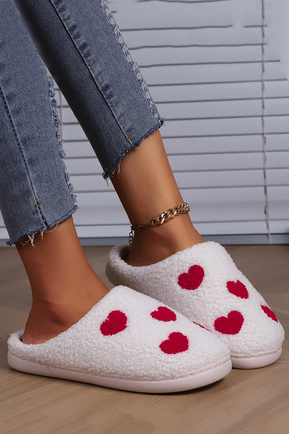 White Valentines Day Hearts Print Plush House Slippers - The Red Leopard Boutique 