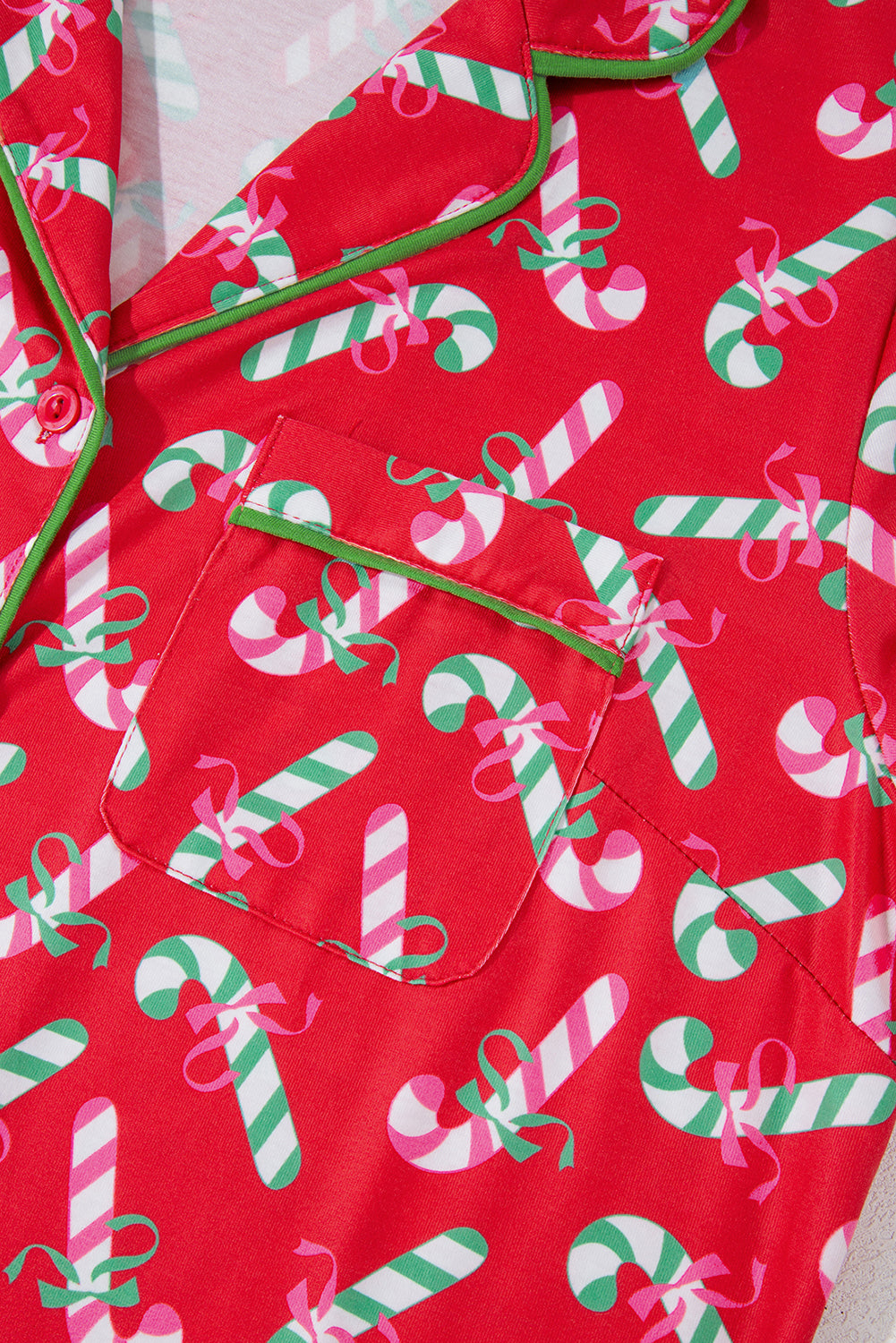 Green Christmas Candy Cane Print Pocketed Knotted Pajama Set