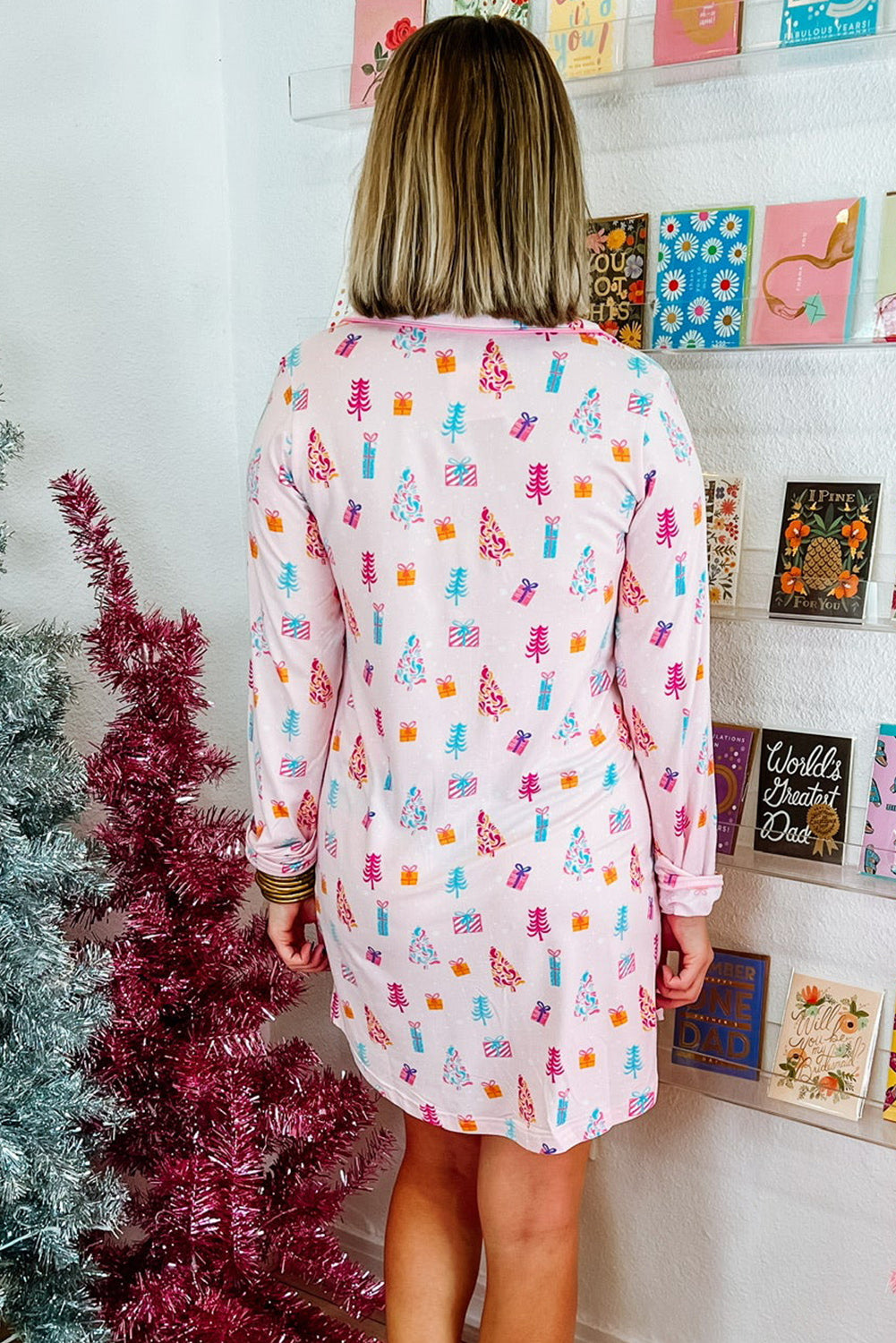 Pink Christmas Twinkle Tree Print Shirt Sleep Dress