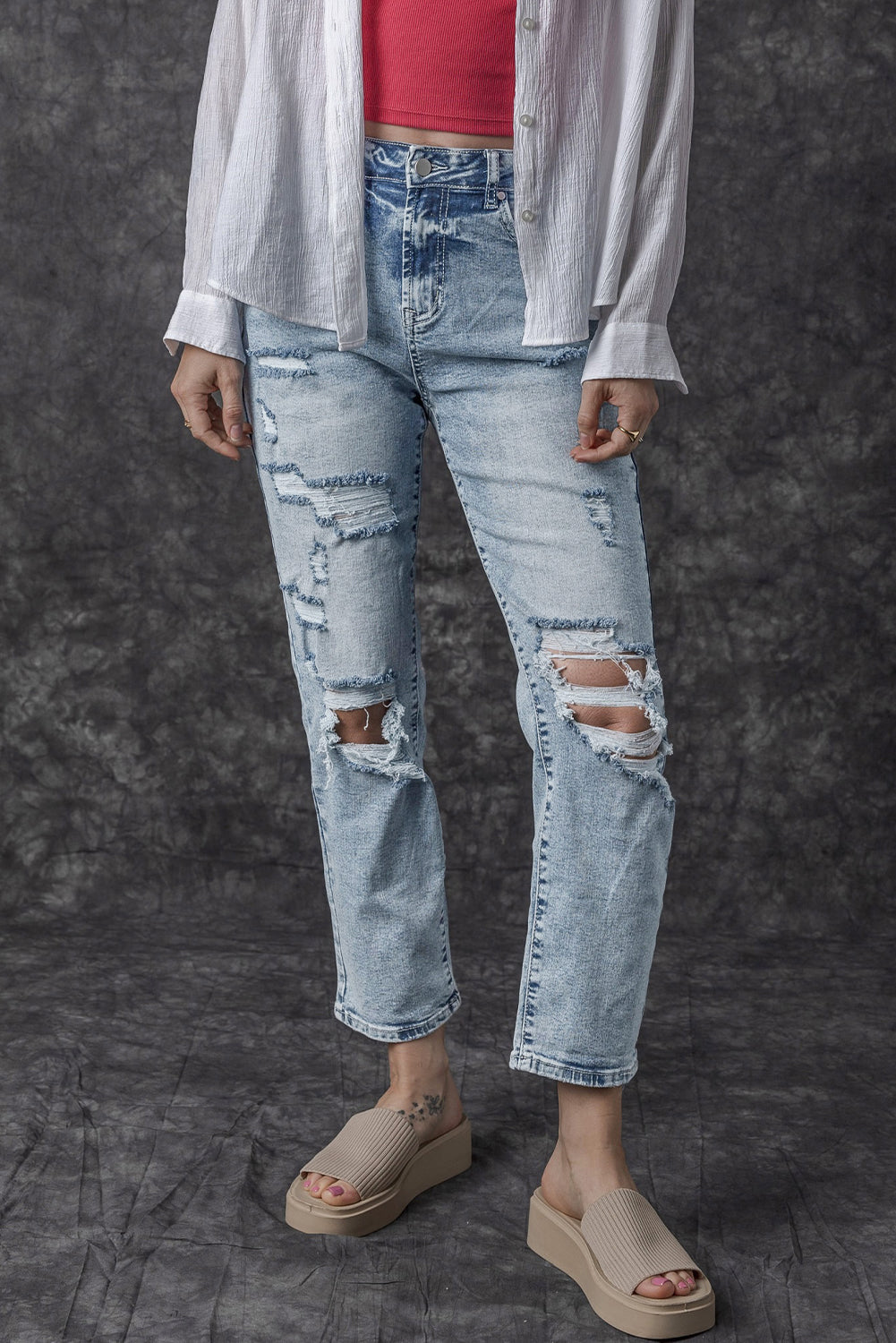 Sky Blue Light Wash Frayed Slim Fit High Waist Jeans - The Red Leopard Boutique 