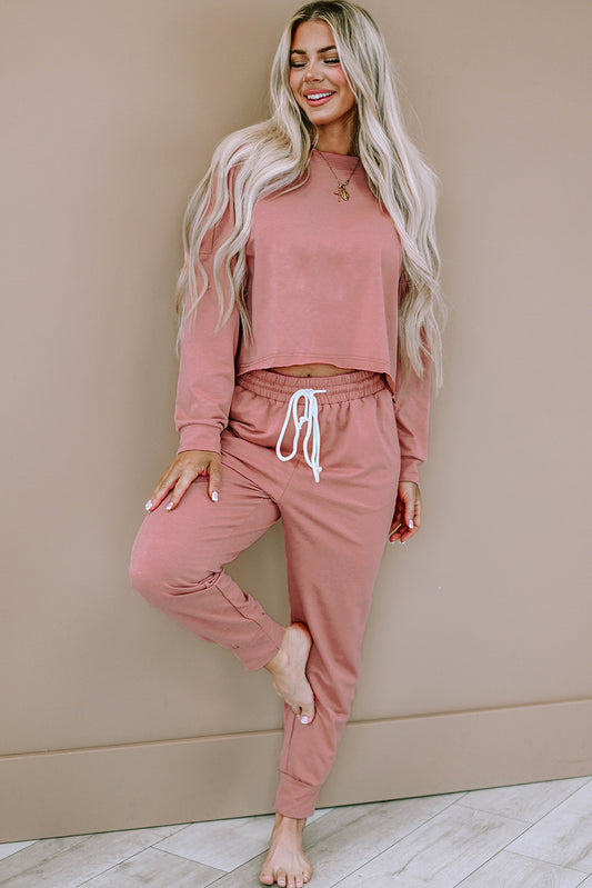 Pink Solid Sport Boxy Fit Pullover & Pants Outfit - The Red Leopard Boutique 