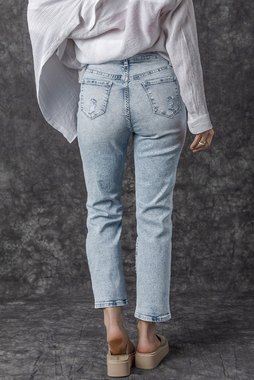 Sky Blue Light Wash Frayed Slim Fit High Waist Jeans - The Red Leopard Boutique 